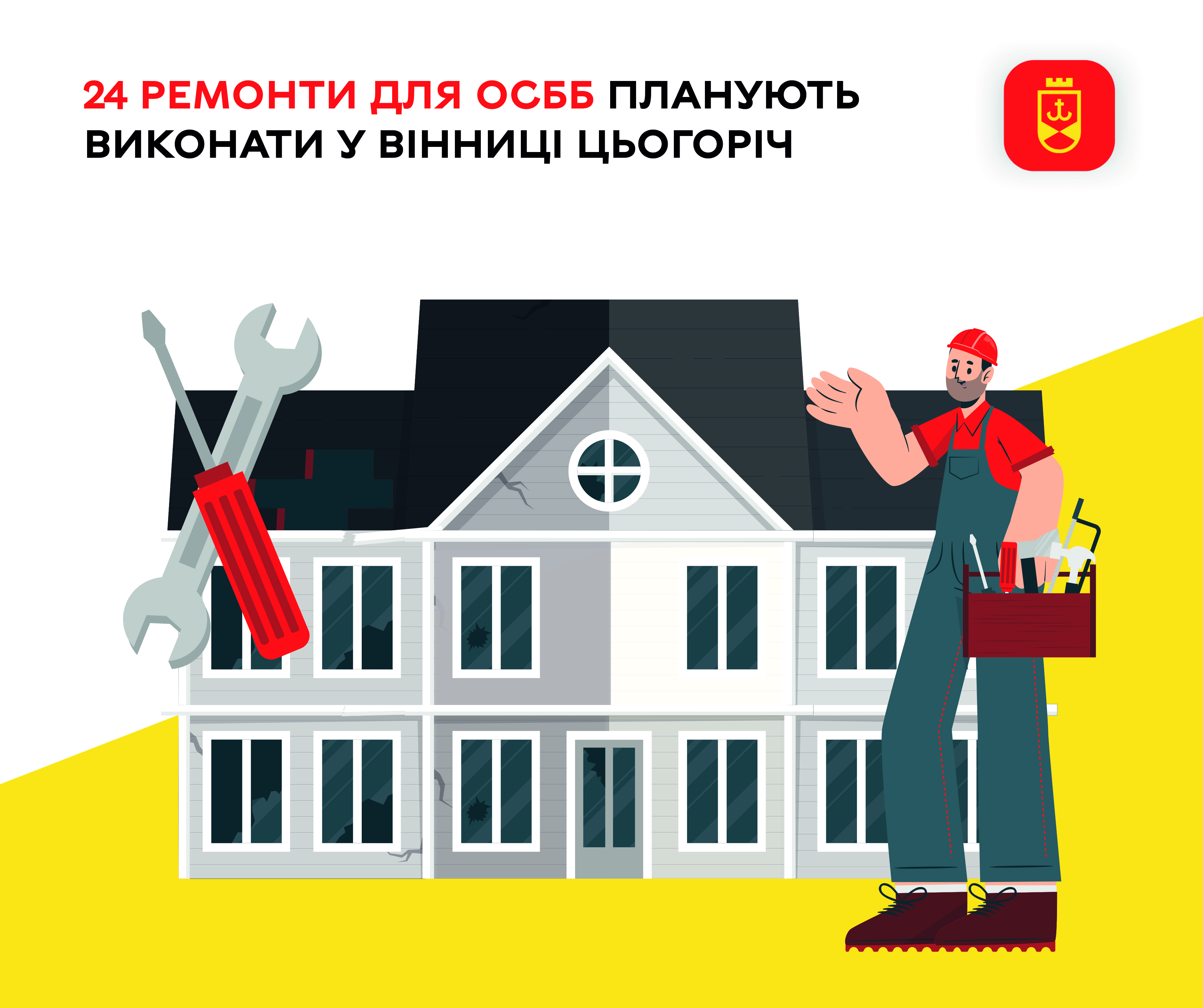 24 ремонти для ОСББ планують виконати у Вінниці цьогоріч в межах міської Програми  першого безкоштовного ремонту